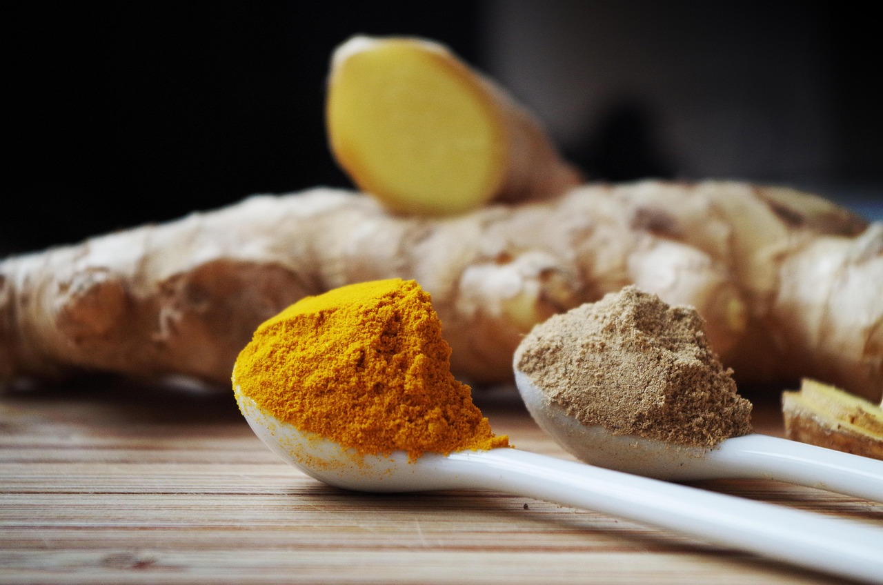 Ayurvedic herbs and spices used in dosha body type assessment — turmeric, ginger, and healing botanicals for Vata Pitta Kapha constitution analysis